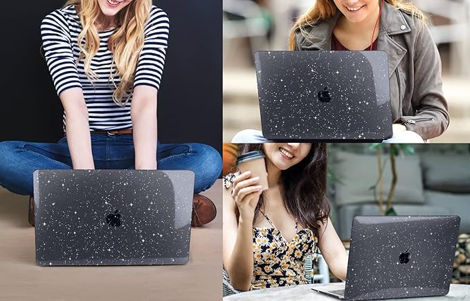 CISSOOK Black Glitter Case for MacBook Air 13.6 inch 2025 2024 2022 Release Model A3240 A3113 A2681, Sparkly Black Hard Shell Case with Keyboard Cover USB Adapter for MacBook Air 13 M2 M3 M4