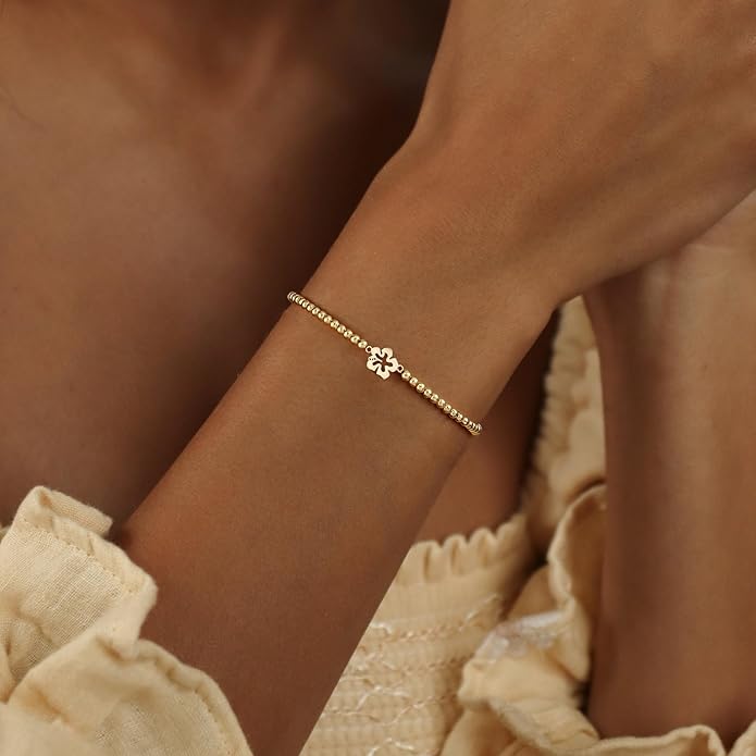 Gold Bracelets for Women 14K Gold Plated Bead Bracelet Hypoallergenic Stretch Bracelets for Women Elastic Bracelet Trendy Teen Gift Dainty Jewelry for Women