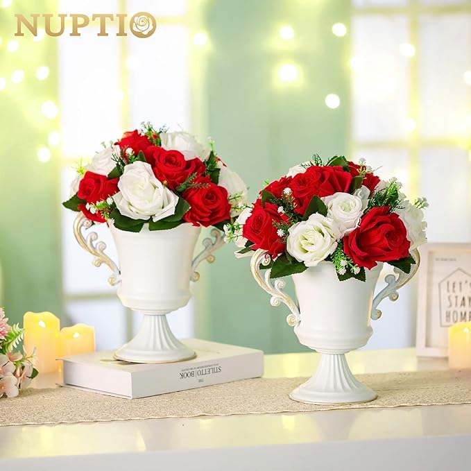 NUPTIO Pcs of 6 Fake Flower Ball Arrangement Bouquet,15 Heads Plastic Roses with Base, Suitable for Our Store's Wedding Centerpiece Flower Rack for Parties Valentine's Day Home Décor (Red & White)