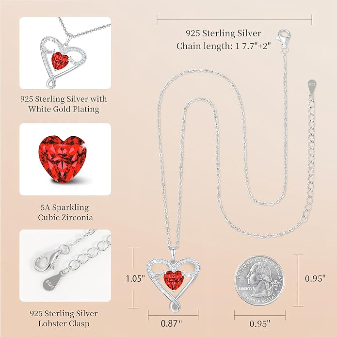 Infinity Necklace for Women, 925 Sterling Silver Heart Necklace with 5A Zircon, White Gold Plated Adjustable Chain, Gift for Valentine's Day, Birthday, Anniversary for Wife, Girlfriend, Mom