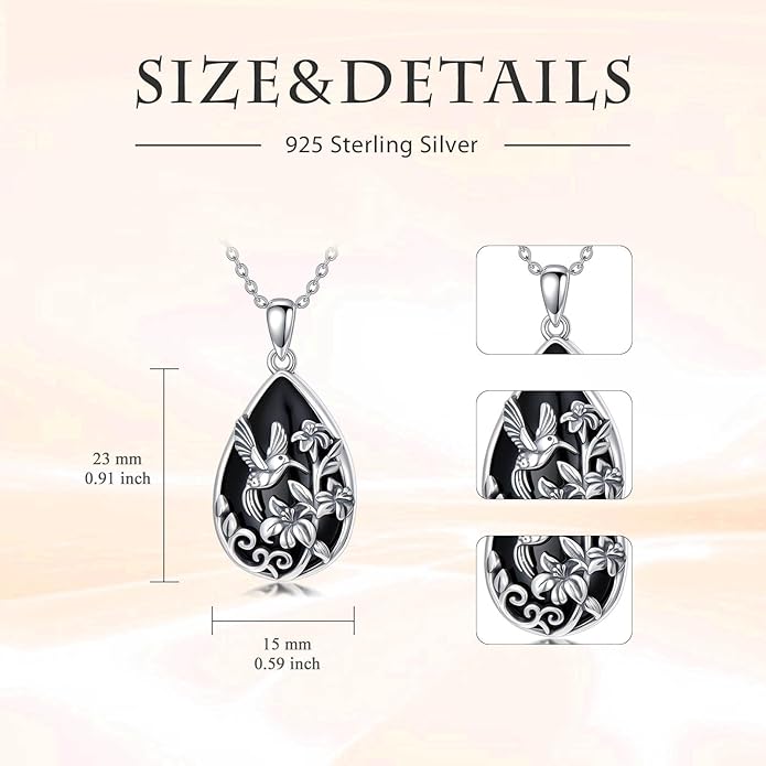 Black Onyx Necklace 925 Sterling Silver Flower Insect Pendant Teardrop Onyx Jewelry Valentines Day Birthday Gifts for Women