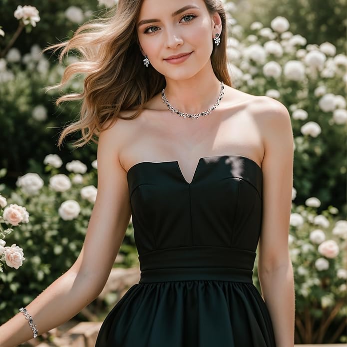 BriLove Wedding Jewelry Set for Women Bride, Gorgeous Stunning Crystal Flower Leaf Cluster Choker Necklace Link Bracelet Stud Earrings Bridal Bridesmaid