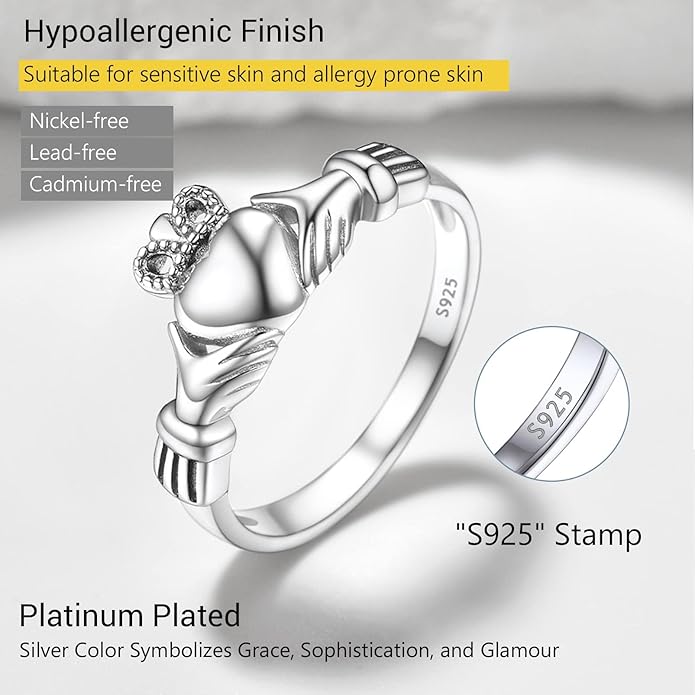 PROSILVER 925 Sterling Silver Claddagh Ring/Celtic Knot Ring for Women, Irish Wedding Band, Rose Gold Plated/Gold Plated, Size 4-12, Come with Box
