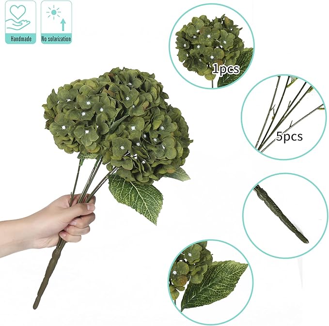Kimura's Cabin 2Bouquets Green Fake Hydrangeas Flowers Vintage Artificial Silk Hydrangea Bouquets 10Heads for Home Table Centerpieces Wedding Party Decoration (Dark Green1 Pack of 2)