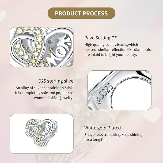 VOROCO 925 Sterling Silver mom Charm for Bracelets Necklaces pendant Charms,Infinity Love Heart Charms for Mother Birthday Christmas day Jewelry Gifts
