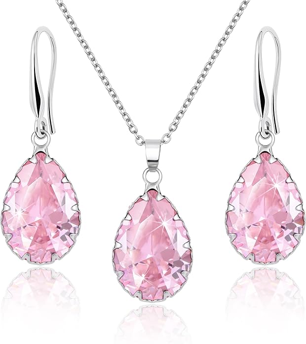 Linawe Crystal Jewelry Sets for Women, Imitation Diamond Pendant Necklace, Rhinestone Drop Dangle Earrings, Birthstone Cubic Zirconia Matching Wedding Jewelry, 14K Gold/Rose Gold/Silver Tones