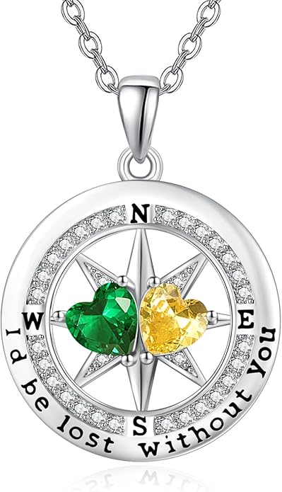 Compass Necklace for Women, Exquisite S925 Valentines Day Anniversary Birthday Gifts for Wife Her Double Birthstone Pendant Jewelry ‘I'd be Lost Without You’