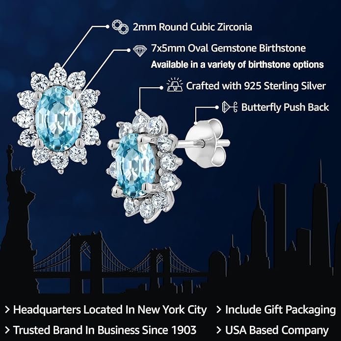 Gem Stone King 7X5MM Oval Gemstone Birthstone Stud Earrings For Women | Princess Diana Royal Halo Style | 925 Sterling Silver | Fine Jewelry Gifts for Anniversary Wedding Her Mom Women Wife