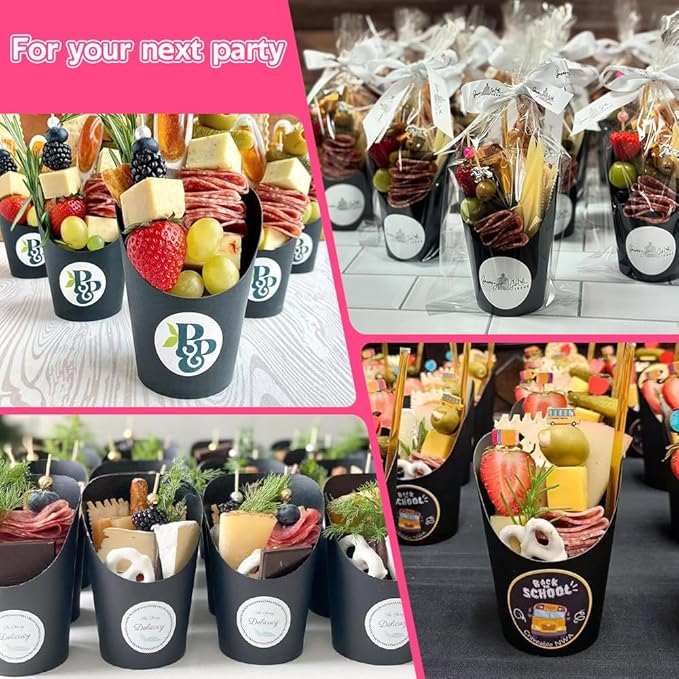 50 Sets 12 oz Charcuterie Cups Black, 100 Picks + 50 Bags + 50 Labels, Disposable Charcuterie Cups with Sticks, Paper Individual Snack Cup Disposable French Fry Cup for Parties, Catering