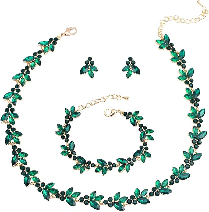 Bridal Wedding Crystal Leaf Choker Necklace Dangle Earring Bracelet Brides Bridesmaid Jewelry Set for Women