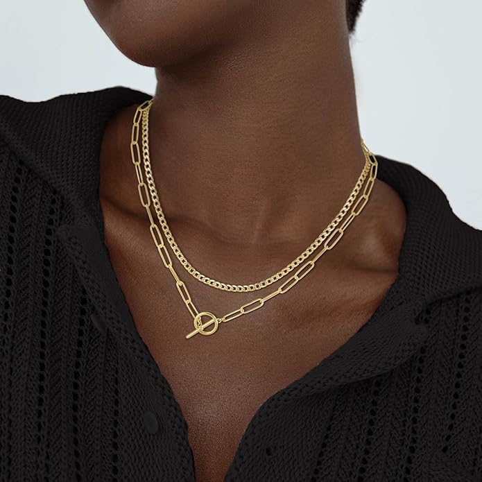 CHESKY Layered Necklaces for Women, 14K Gold Plated Chain Necklace Women Trendy Cuban Link Paperclip Chain Toggle Clasp Necklace Fashion Chunky Jewelry for Women