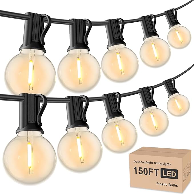 RTTY Outdoor String Lights 150ft, G40 Led Patio Lights with 75pcs Plastic Globe Bulbs,Shatterproof Waterproof Connectable Hanging for Porch Cafe Bistro Backyard Gazebo Balcony Deck Party