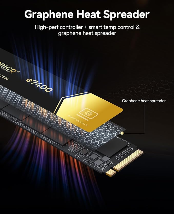 ORICO 512GB NVMe SSD PCIe 4.0- Up to 7200MB/s, M.2 2280 PCIe 4.0X4 Internal Solid State Drive, Fast Heat Dissipation, Compatible with macOS Windows for Gamers and Creators-e7400