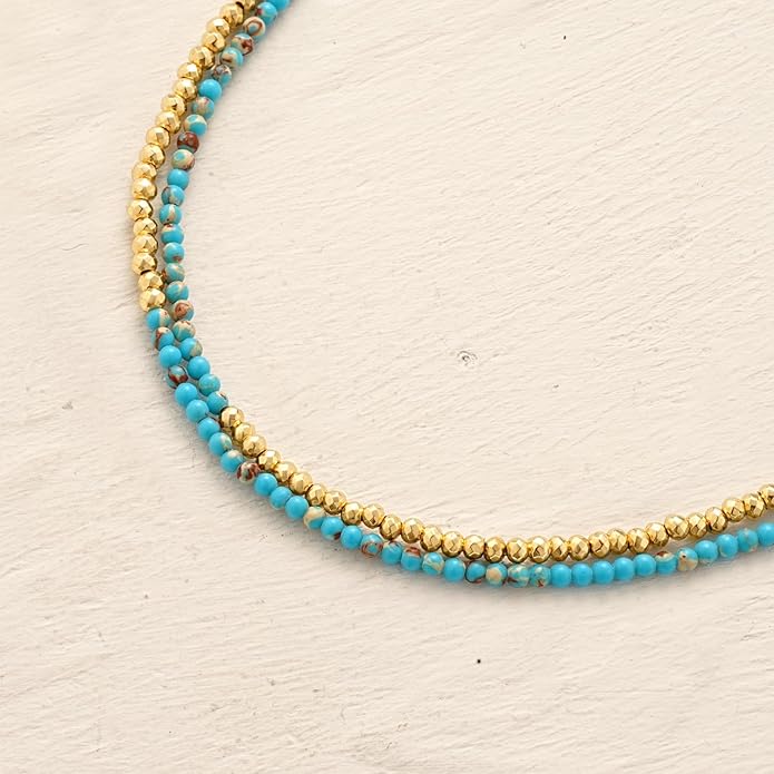 MYEARS Women Beaded Bracelet Gold Double Layer Gemstone 14K Simple Dainty Handmade Chain Everyday Boho Beach Jewelry