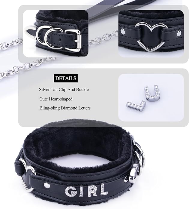 Leather Heart O-ring Collar Necklace for Women, Adjustable Gothic Punk Collar with Letters Soft Furry Choker Jewelry