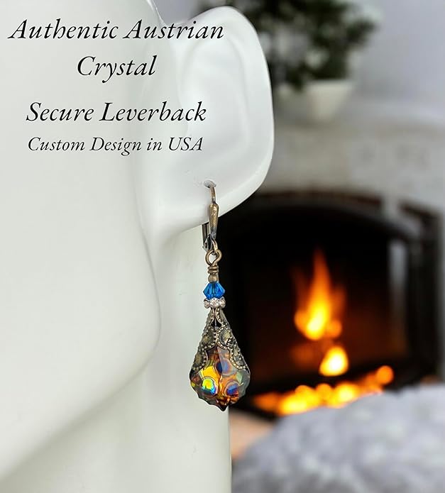 Antique Inspired Vintage Victorian Dangle Drop Earrings for Women - Colored Austrian Crystal Leverback Earrings - Jewelry Gift for Her
