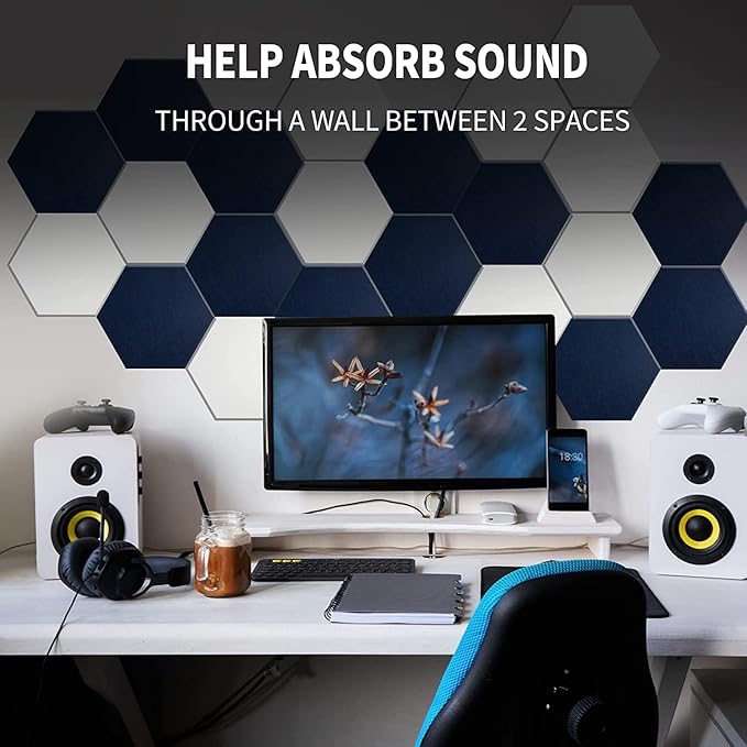 Mollywell Hexagon Acoustic Panels, Carved Patterns, Soundproofing, Decorative Noise Reduction Felt Wall Tiles for Ceilings, Home Office & Gaming Room (Black and White), 14x12x0.4 Inch