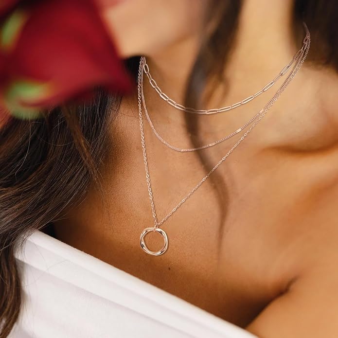 3Pcs Layered Necklace for Women Stackable Necklaces Silver Rosegold Gold Plated Chain Dainty Set Gifts Circle Pendant Paperclip Chain Choker Necklaces Trendy Personalized Jewelry Set Gifts for Women
