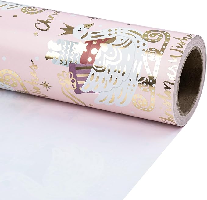 RUSPEPA Christmas Wrapping Paper Roll, Mini Roll, Pink Gold Foil Gift Wrap with Elegant Swan Sled, Presents and Christmas Wishes Design, Perfect for Girls, Women, Holiday Gift, 17 Inches x 16.4 Feet