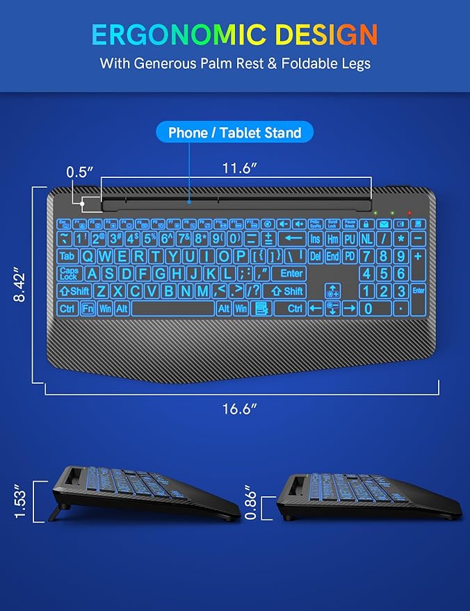 Wireless Keyboard with 7 Colored Backlits, Wrist Rest, Phone Holder, Rechargeable Ergonomic Computer Keyboard with Silent Keys, Full Size Lighted Keyboard for Windows, Mac, PC, Laptop (Large Print)