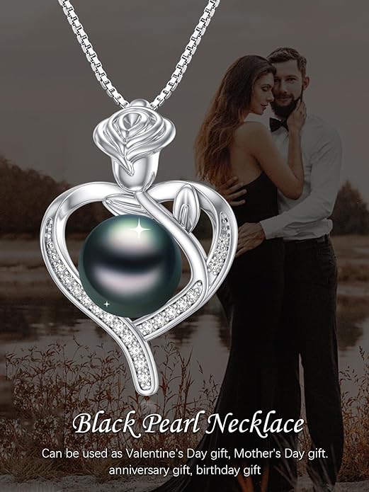 Tahitian Black Pearl 18K White Gold Plated Sterling Silver Heart/Infinity/Four Leaf Clover Pendant Necklace Jewelry Gifts for Women Wife Mom Girlfriend Wedding Birthday Anniversary Christmas