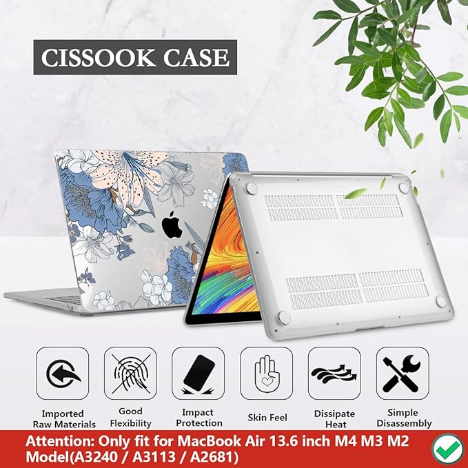 CISSOOK Compatible with MacBook Air 13.6 inch Case 2025 2024 2022 Release A3240 A3113 A2681, Lily Flowers Hard Shell Keyboard Cover Screen Protector for MacBook Air 13 inch M2 M3 M4