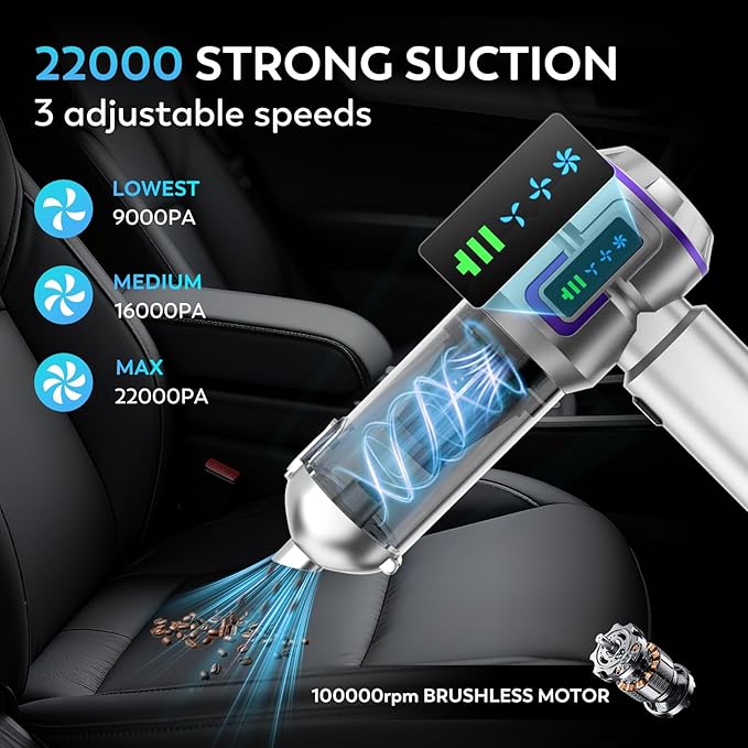 Car Vacuum Cleaner, 22000PA High Power Portable Handheld Car Vacuum & Air Duster, Mini Cordless Vacuum with LED Display, for Home, Office, Camping (Silver Purple)