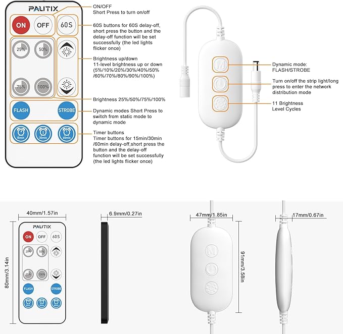PAUTIX RF WiFi Smart Remote Dimmer for Single Color LED Strip Lights,Compatible with Alexa and Google,14-Key Wireless Remote,DC 12-24V Controller for 3528/2835/5050/COB LED Strip Light