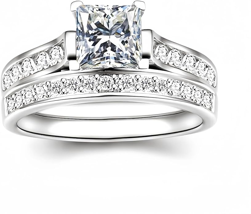 1 to 5 Carat Moissanite Ring Set S925/10K/14K/18K Gold, Princess Cut VVS1 Clarity D Color Moissanite Engagement Rings Set Luxury Bridal Jewelry Wedding Gifts for Women