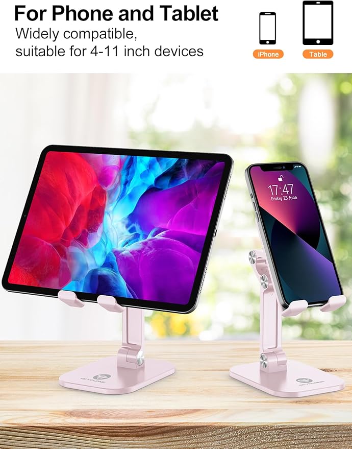 OCYCLONE Phone Stand, Adjustable Height and Angle Foldable Cell Phone Stand Holder for Desk, Taller iPhone Stand Compatible with 4.7"-13" Smartphones iPad Tablet, Pink