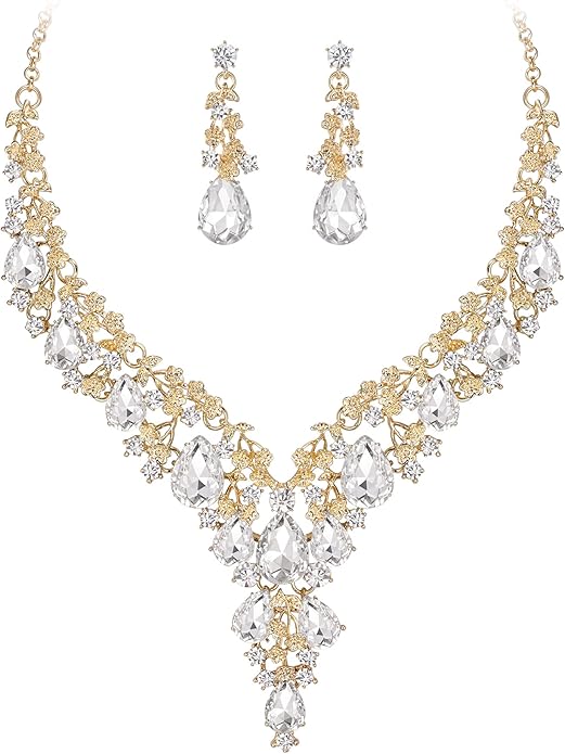 BriLove Women's Wedding Bridal Austrian Crystal Teardrop Flower Cluster Statement Necklace Dangle Earrings Jewelry Set for Party Prom