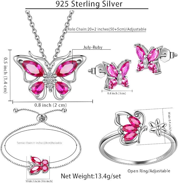 925 Sterling Silver Birthstone Butterfly Jewelry Women Crystal Animal Cute Butterflies Birthday Necklace/Earring/Ring/Bracelet Sets Birth Stone Statement Anniversary Jewellery