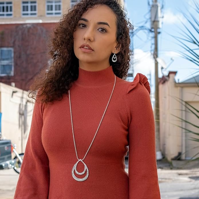 Madison Tyler Gold Plated Jewelry Set for Women | Silver Teardrop Pendant Necklace Trendy | Long Necklace with Snake Chain | Fashion Dangle Earring Set