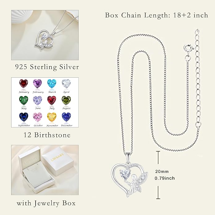 Guardian Angel Necklace 925 Sterling Silver Heart Angel Wings Pendant Birthstone Jewelry for Women