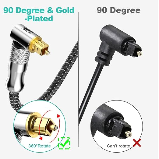 EMK Premium 24K Gold-Plated Right Angle Optical Cable – 90° Toslink to Toslink (1M/3Ft), 360° Rotatable for Soundbars, TVs & Home Theater