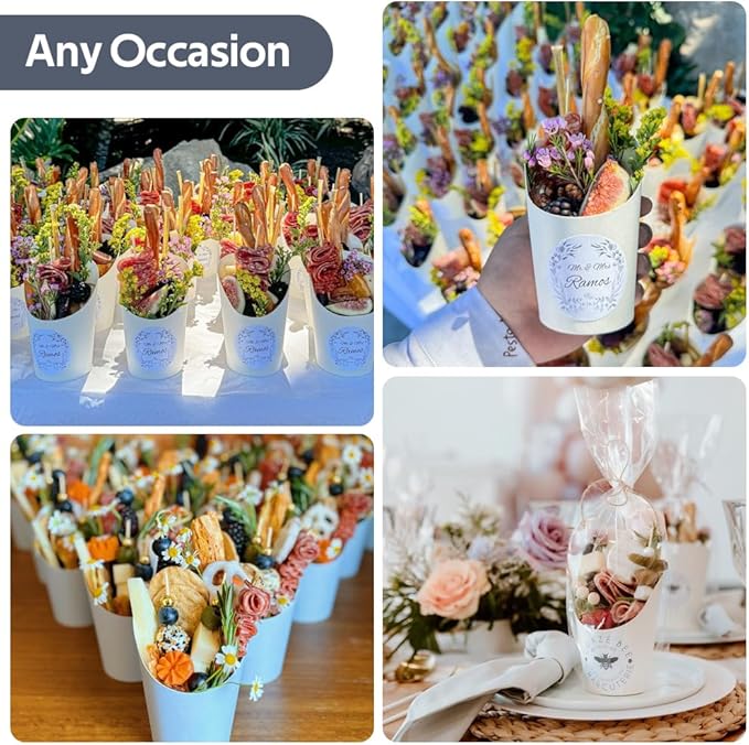 100pcs 12oz White Charcuterie Cups, 300 Skewers + 100 Bags + 100 Labels, Paper Charcuterie Cups with Sticks and Bags, Disposable Dessert Cup Appetizers Cup, Durable French Fry Holder for Snack
