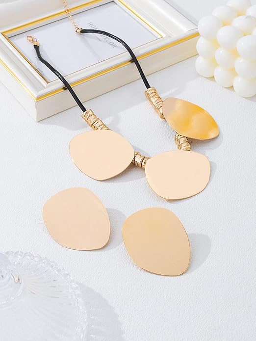 Chunky Gold Statement Necklace Earring Set for Women Minimalist Irregular Round Earrings Vintage Leather Big Golden Geometric Oval Choker Necklaces Trendy Party Jewelry Set for Women