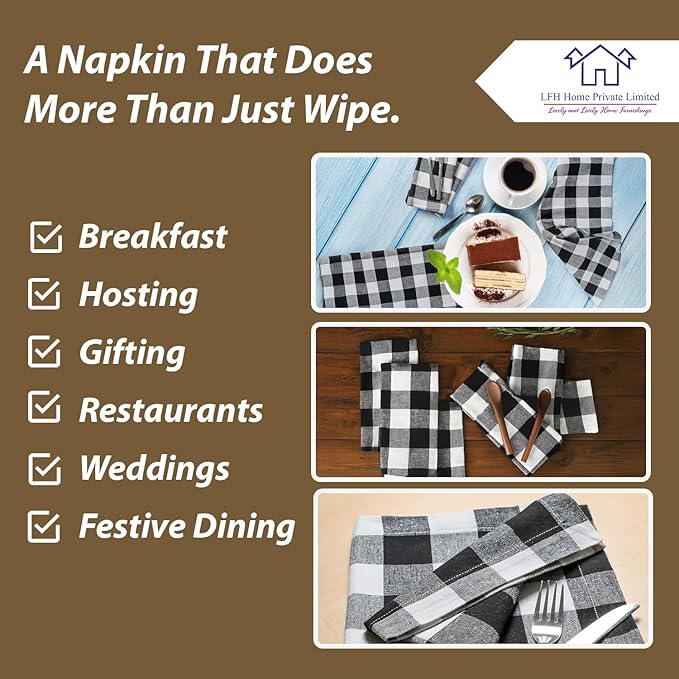 LFH Home 100% Cotton Cloth Reusable Dinner Napkins Set of 12 Washable Soft Decorative Buffalo Plaid Gingham and Checkered Table Napkins for Holidays Wedding Farmhouse Decor 18x18 Inch-Black & White
