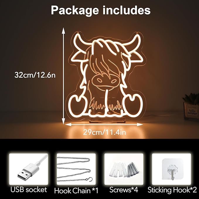 Highland Cow Neon Sign,Warm White Cow Night Light,Farmhouse Decor Sign,Hanging Neon Sign For Kids Room Living Room Birthday highland cow party decorations