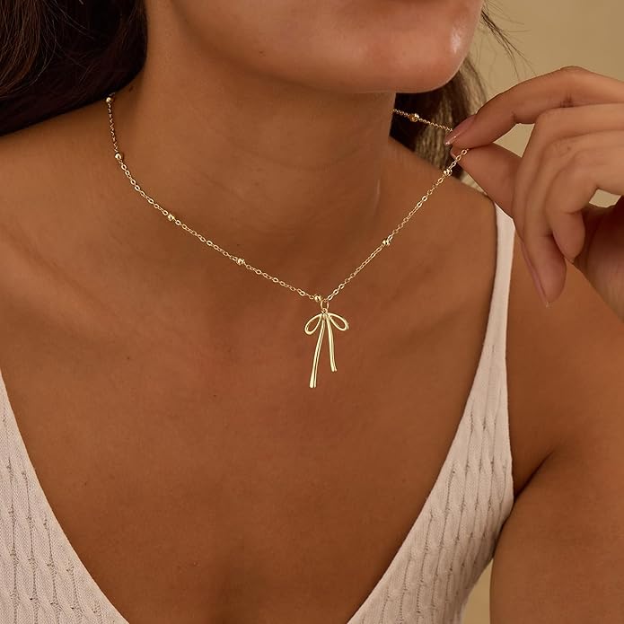 Valentines Day Gifts for Her - Dainty Bow Necklace for Women 14K Gold Plated Cute Choker Small Pendant Charm Necklaces Teen Gift Trendy Stuff Personalized Jewelry