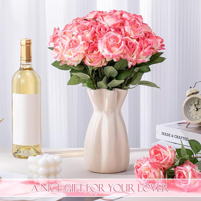 Hotop 80 Pcs Rose Artificial Flowers Bulk with Long Stem, Silk Roses Realistic Fake Flowers Bouquet for Wedding Table Centerpieces Bridal Shower Party Home Decorations(Gradient Pink)