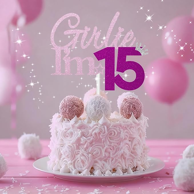 Girlie I'm 15 Cake Topper, 15th Birthday Decorations for Girl, Glitter Funny 15th Birthday Cake Topper, Girlie 15 Year Old Birthday Party Decoration Supplies
