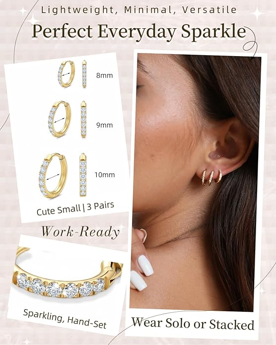 Busy Women's Gold Huggie Earrings Hoops Set — Small Dainty Cubic Zirconia Hoop Earrings 14K Gold Plated, Shower-Safe, Work-Ready, Skin-Friendly, Easy to Stack (3 Pairs)