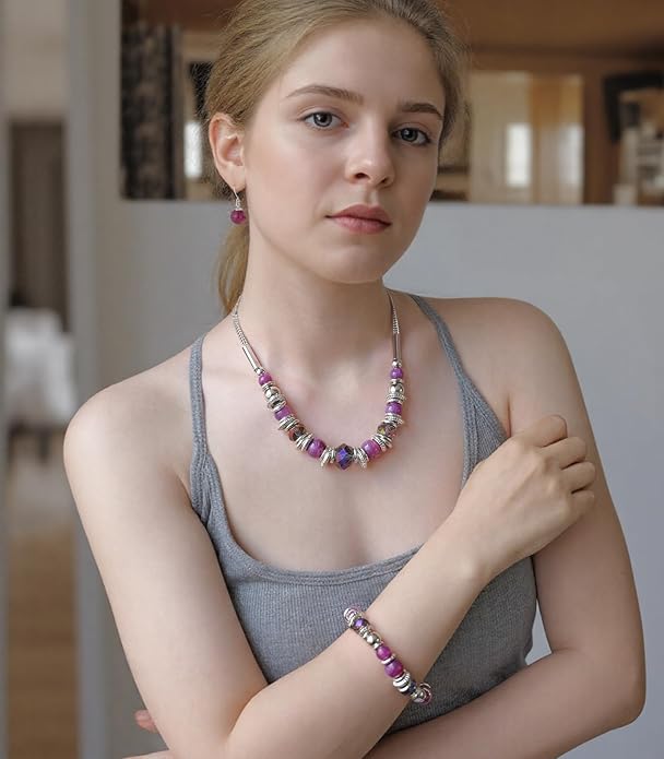 PEARL&CLUB Silver Beaded Statement Necklaces for Women Chunky Bead Necklace Bracelet and Earring Costume Jewelry Sets Gifts for Mom