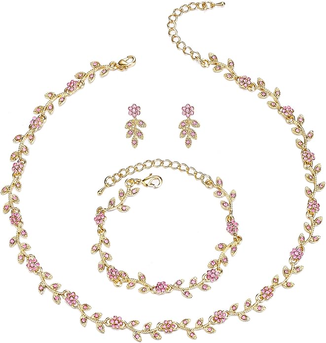 BriLove Wedding Jewelry Set for Women Bride, Gorgeous Stunning Crystal Flower Leaf Cluster Choker Necklace Link Bracelet Stud Earrings Bridal Bridesmaid