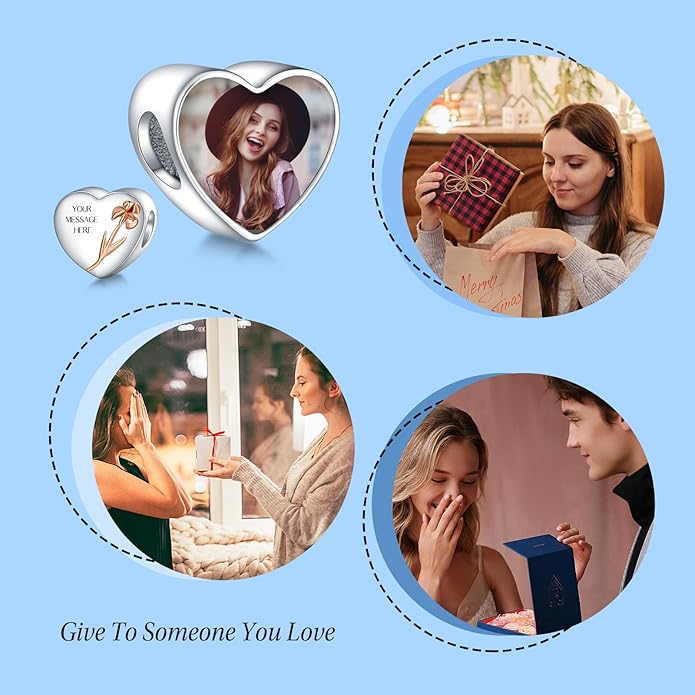 Annmors Personalized Photo Charm for Bracelet Necklaces,925 Sterling Silver Charm Love Heart Shaped Engraved Customize Picture Gift for Birthday Mother's Day Christmas,Bead Charms Jewelry for Women
