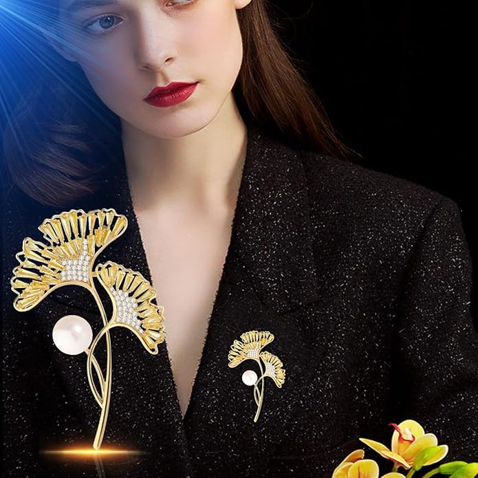 Leaf Brooches Rhinestone Freshwater Pearls Ginkgo Leaves Brooch Pin 18k Gold Plated Leaves Lapel Pins Jewelry Valentine's Day Birthday Gifts for Women Girls