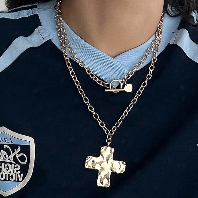 Atiptu Gold Chunky Cross Necklace for Women Statement Cross Pendant Necklace Layered Hammered Bold Cross Necklace Vintage Toggle Clasp Necklace Jewelry