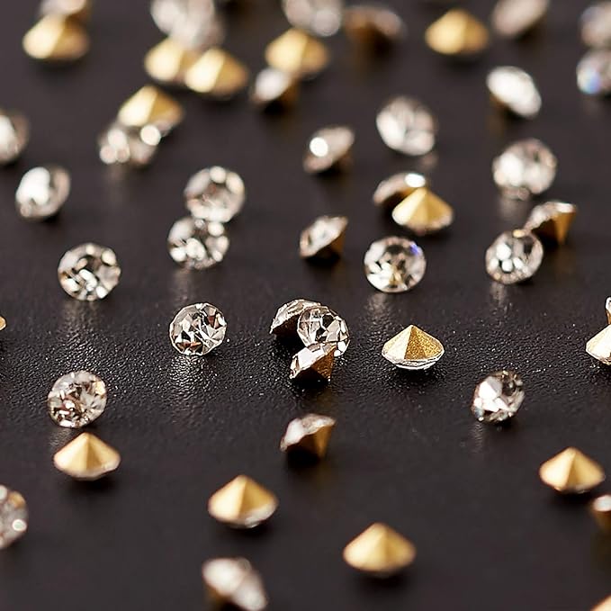 Fashewelry 2mm Pointed Back Clear Glass Rhinestone 1440Pcs Faceted Diamond Loose Stone with Golden Back Mini Crystal Diamante Gems for Nail Art Craft Replacing Jewelry