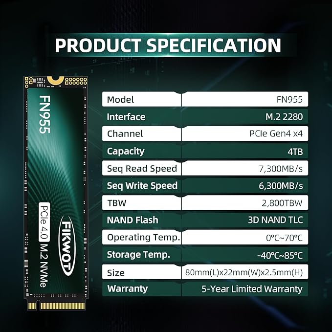 FN955 4TB NVMe SSD M.2 2280 PCIe Gen4x4, Up to 7300MB/s, 3D NAND TLC Flash Internal Solid State Drive, Configure SLC Cache, Storage and Memory Expansion for PS5 Laptop Desktop